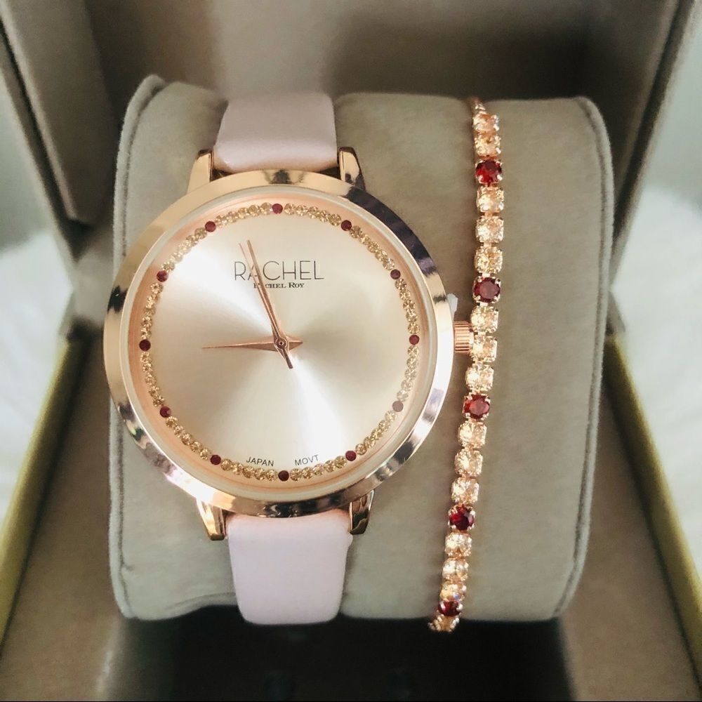 Rachel Rachel Roy Pave Crystal Watch Bracelet Set RedRose Gold Nwt 55$